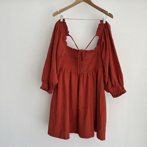 Free People Babydoll Dress Medium Boho Chic Peasant Smocked Coastal Burnt Orange - Picture 2 of 5